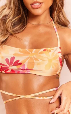 Orange Daisy Floral Print Tie Waist Bikini Top