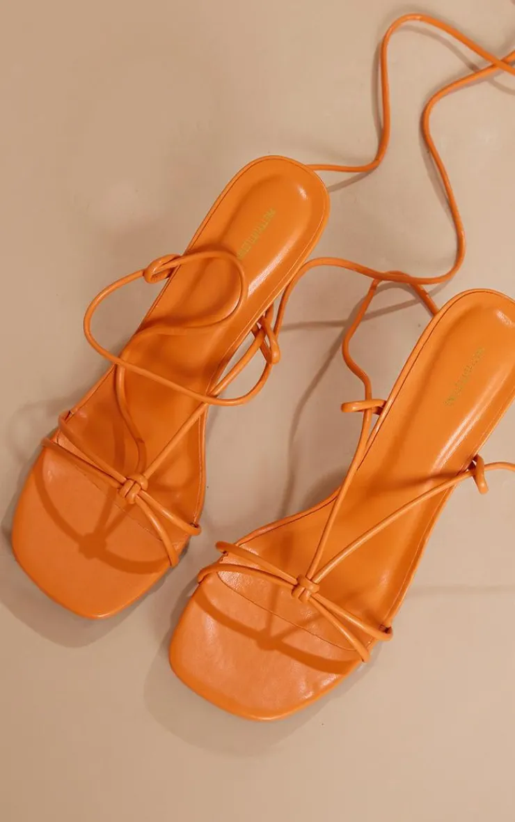 PrettyLittleThing Chunky Sandals*Faux Leather Round Chunky Heel Lace Up Barely There Sandals
