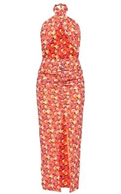 Floral Cross Halterneck Cut Out Ruched Midaxi Dress-PrettyLittleThing Online