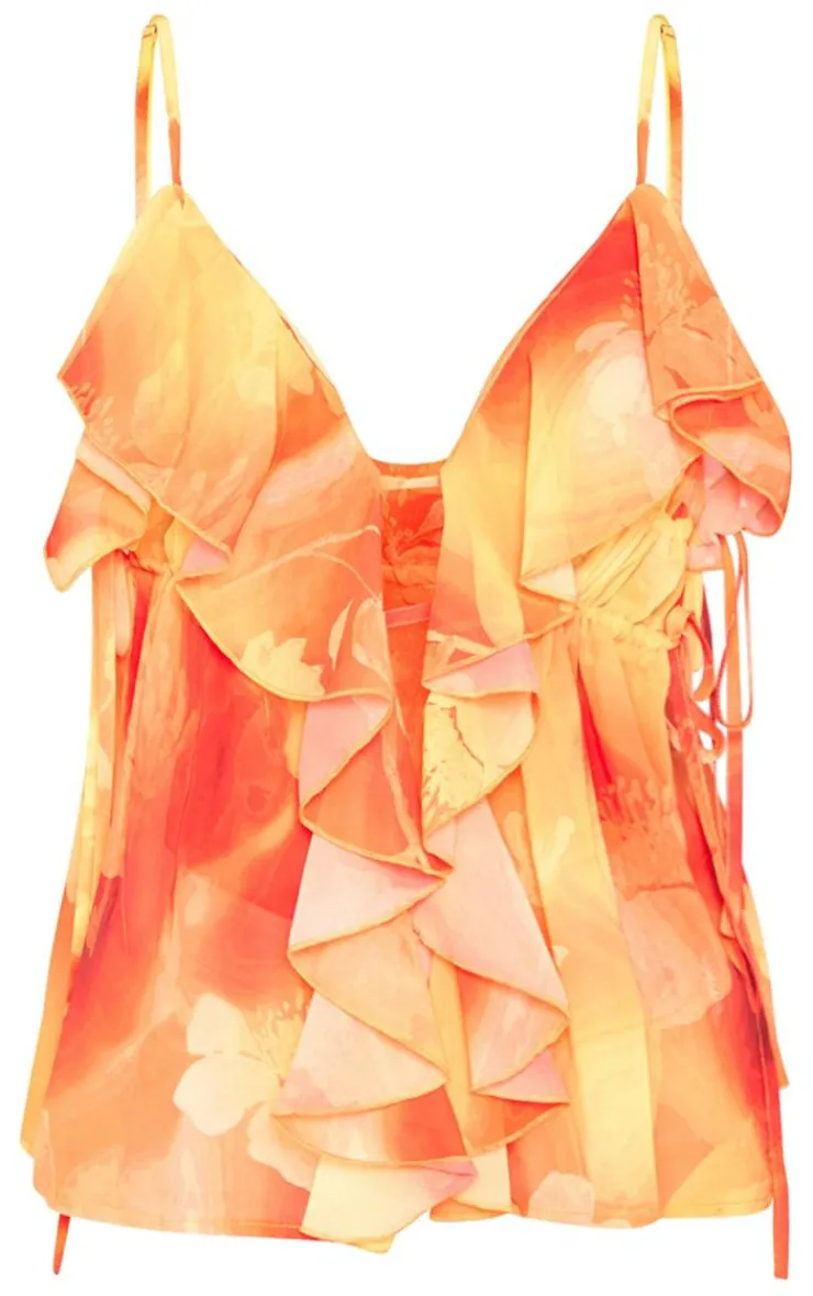 PrettyLittleThing Camisole*Floral Print Chiffon Frill Longline Cami Top