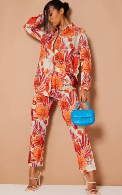 Discount PrettyLittleThing Floral Print Cigarette Pants Orange
