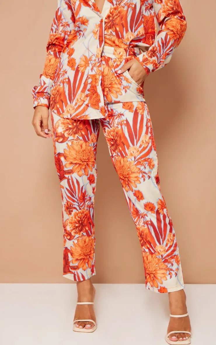 Discount PrettyLittleThing Floral Print Cigarette Pants Orange