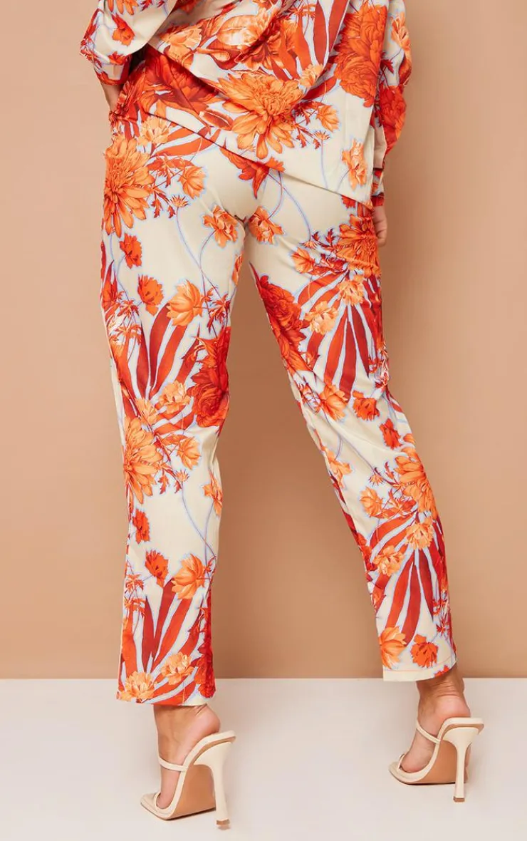 Discount PrettyLittleThing Floral Print Cigarette Pants Orange