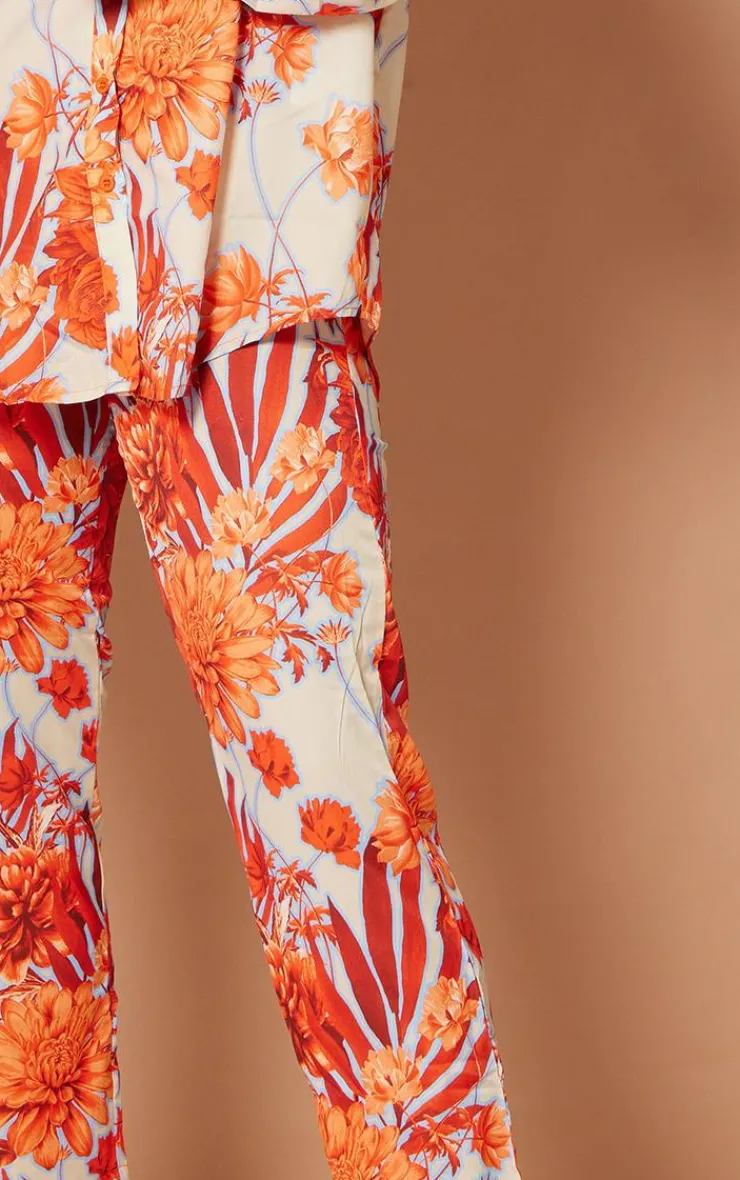 Discount PrettyLittleThing Floral Print Cigarette Pants Orange
