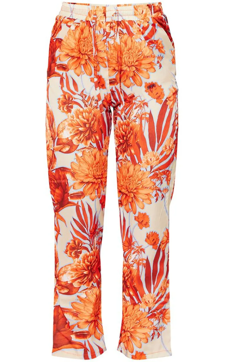Discount PrettyLittleThing Floral Print Cigarette Pants Orange
