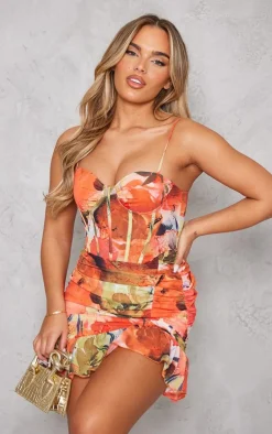 Floral Print Corset Frill Hem Bodycon Dress-PrettyLittleThing New