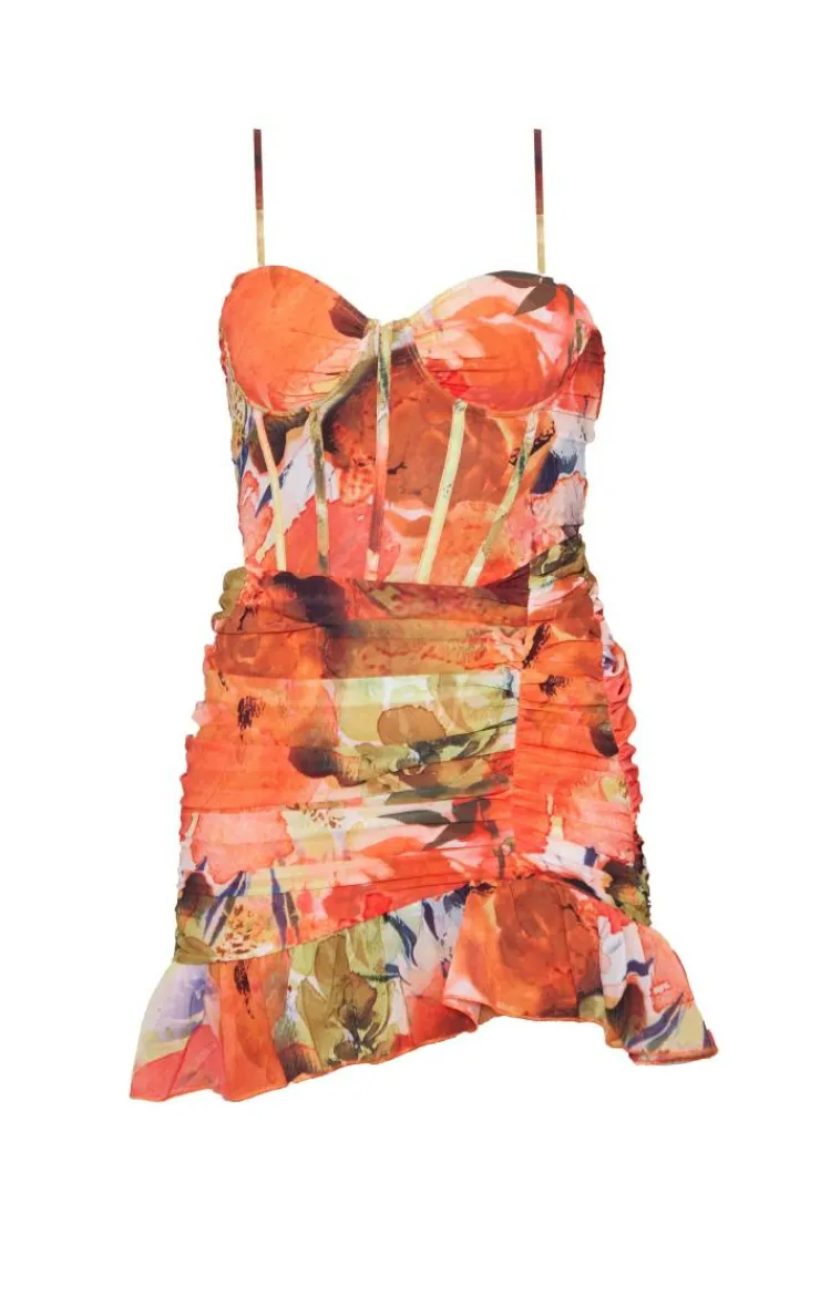 Floral Print Corset Frill Hem Bodycon Dress-PrettyLittleThing New