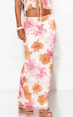 Best PrettyLittleThing Floral Print Mesh Low Rise Midaxi Skirt Orange