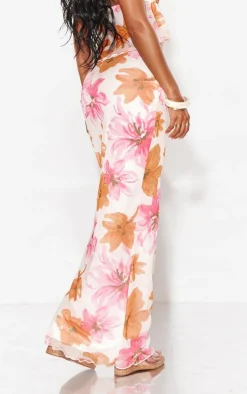 Best PrettyLittleThing Floral Print Mesh Low Rise Midaxi Skirt Orange