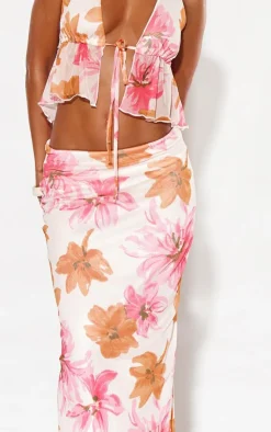 Best PrettyLittleThing Floral Print Mesh Low Rise Midaxi Skirt Orange