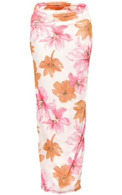 Best PrettyLittleThing Floral Print Mesh Low Rise Midaxi Skirt Orange