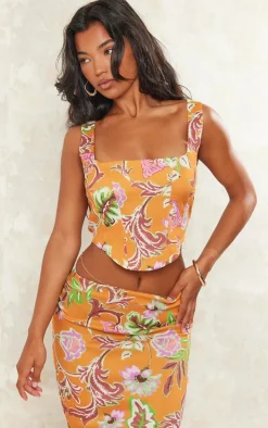Clearance PrettyLittleThing Floral Print Stretch Woven Dip Hem Corset Top Orange