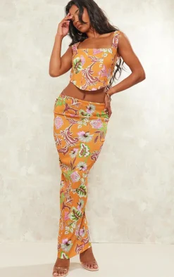 Clearance PrettyLittleThing Floral Print Stretch Woven Dip Hem Corset Top Orange