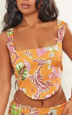Clearance PrettyLittleThing Floral Print Stretch Woven Dip Hem Corset Top Orange