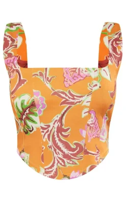 Clearance PrettyLittleThing Floral Print Stretch Woven Dip Hem Corset Top Orange