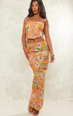 Outlet PrettyLittleThing Floral Print Stretch Woven Low Rise Midaxi Skirt Orange