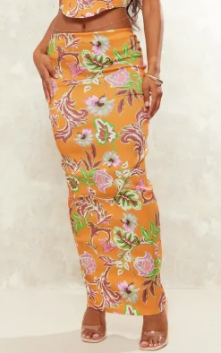 Outlet PrettyLittleThing Floral Print Stretch Woven Low Rise Midaxi Skirt Orange