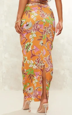 Outlet PrettyLittleThing Floral Print Stretch Woven Low Rise Midaxi Skirt Orange