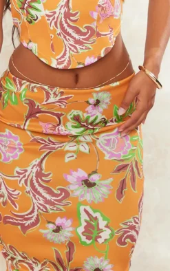 Outlet PrettyLittleThing Floral Print Stretch Woven Low Rise Midaxi Skirt Orange