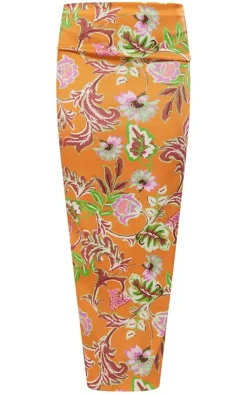 Outlet PrettyLittleThing Floral Print Stretch Woven Low Rise Midaxi Skirt Orange