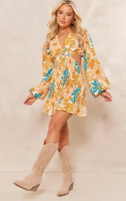 Floral Shirred Button Cut Out Long Sleeve Bodycon Dress-PrettyLittleThing Best