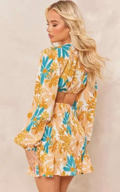 Floral Shirred Button Cut Out Long Sleeve Bodycon Dress-PrettyLittleThing Best