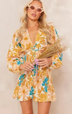 Floral Shirred Button Cut Out Long Sleeve Bodycon Dress-PrettyLittleThing Best