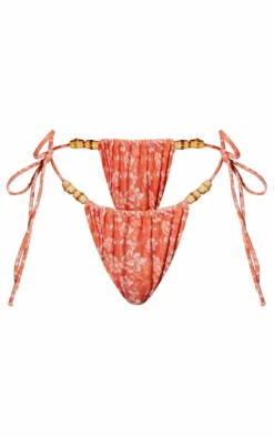 Orange Flower Print Wooden Bead Ruched Tie Side Bikini Bottoms
