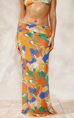 Orange Fruit Abstract Print Mesh Fishtail Maxi Skirt