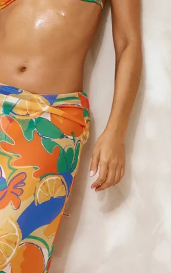 Orange Fruit Abstract Print Mesh Fishtail Maxi Skirt