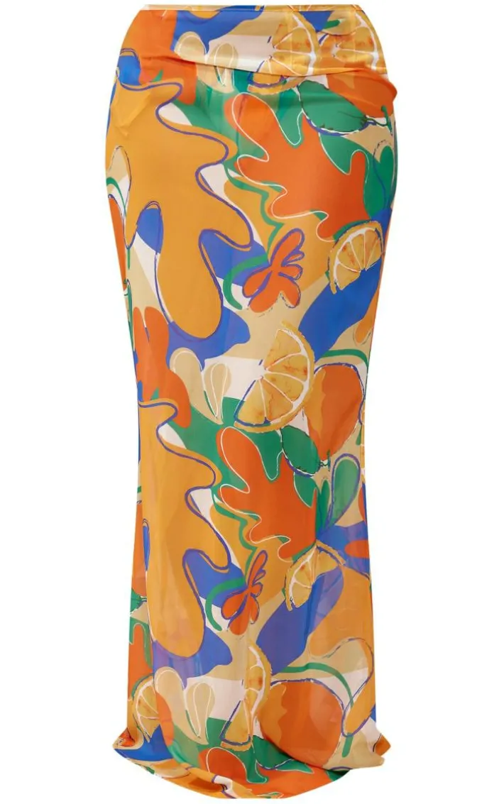 Orange Fruit Abstract Print Mesh Fishtail Maxi Skirt
