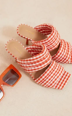 PrettyLittleThing Mules*Gingham Square Toe Padded Straps High Heeled Mules