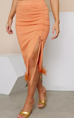 Sale PrettyLittleThing Glitter Knit Feather Trim Midaxi Skirt Orange