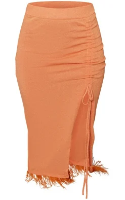 Sale PrettyLittleThing Glitter Knit Feather Trim Midaxi Skirt Orange