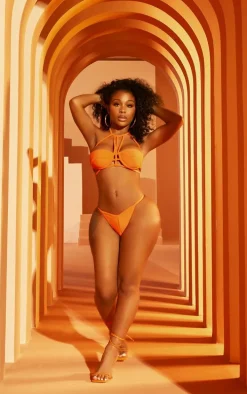 Orange High Leg V Front Tanga Bikini Bottoms