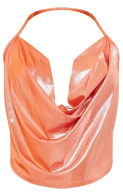 New PrettyLittleThing Iridescent Cowl Halterneck Top Orange