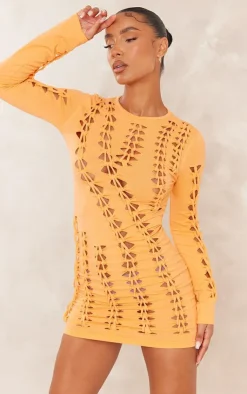 Jersey Lattice Long Sleeve Bodycon Dress-PrettyLittleThing Discount