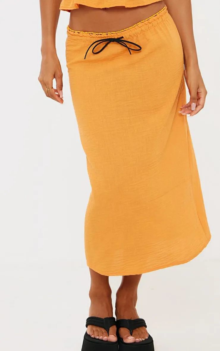Best PrettyLittleThing Linen Look Low Rise Tie Front Midaxi Skirt Orange