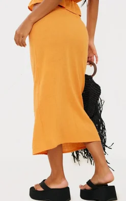 Best PrettyLittleThing Linen Look Low Rise Tie Front Midaxi Skirt Orange
