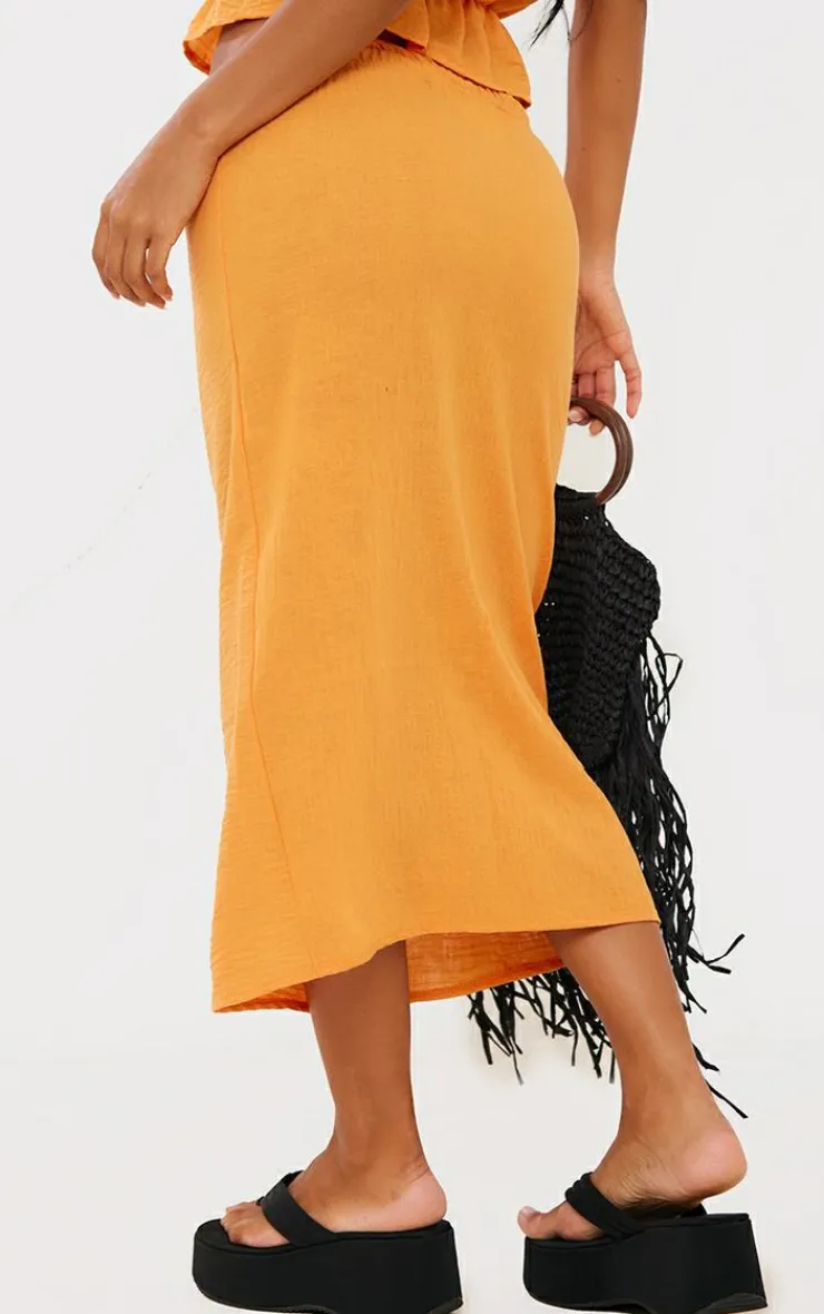 Best PrettyLittleThing Linen Look Low Rise Tie Front Midaxi Skirt Orange