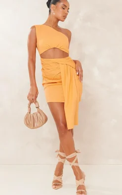 Linen Look One Shoulder Cut Out Drape Bodycon Dress-PrettyLittleThing New
