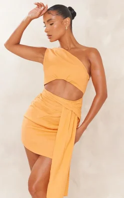 Linen Look One Shoulder Cut Out Drape Bodycon Dress-PrettyLittleThing New