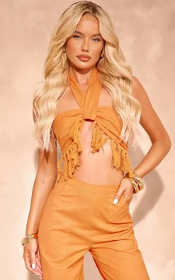 Hot PrettyLittleThing Linen Look Tassel Detail Bralet Orange