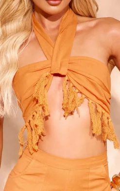 Hot PrettyLittleThing Linen Look Tassel Detail Bralet Orange