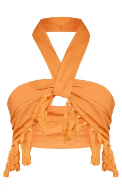 Hot PrettyLittleThing Linen Look Tassel Detail Bralet Orange