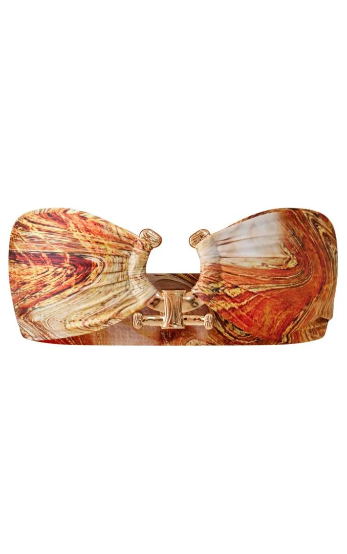 Orange Marble Print Bandeau Hammered Trim Bikini Top