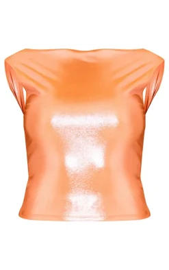Online PrettyLittleThing Metallic Open Back Cap Sleeve Longline Top Orange