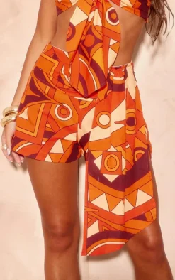 Online PrettyLittleThing Mosaic Print Linen Look Shorts Orange