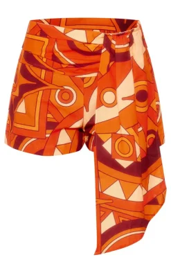 Online PrettyLittleThing Mosaic Print Linen Look Shorts Orange