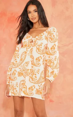Paisley Print Tie Front Bardot Shift Dress-PrettyLittleThing Online